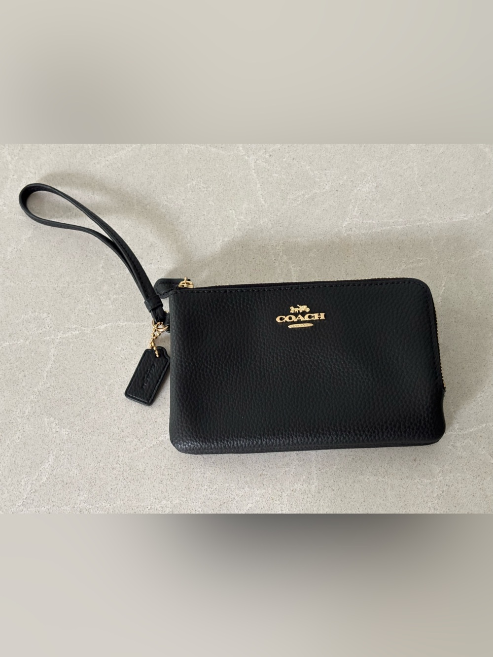 Coach Black Pebbled Leather Wristlet Gold Hardware Double Zip NWT